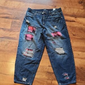 Time and Tru Blue Boyfriend Capris with Pink Plaid Accents